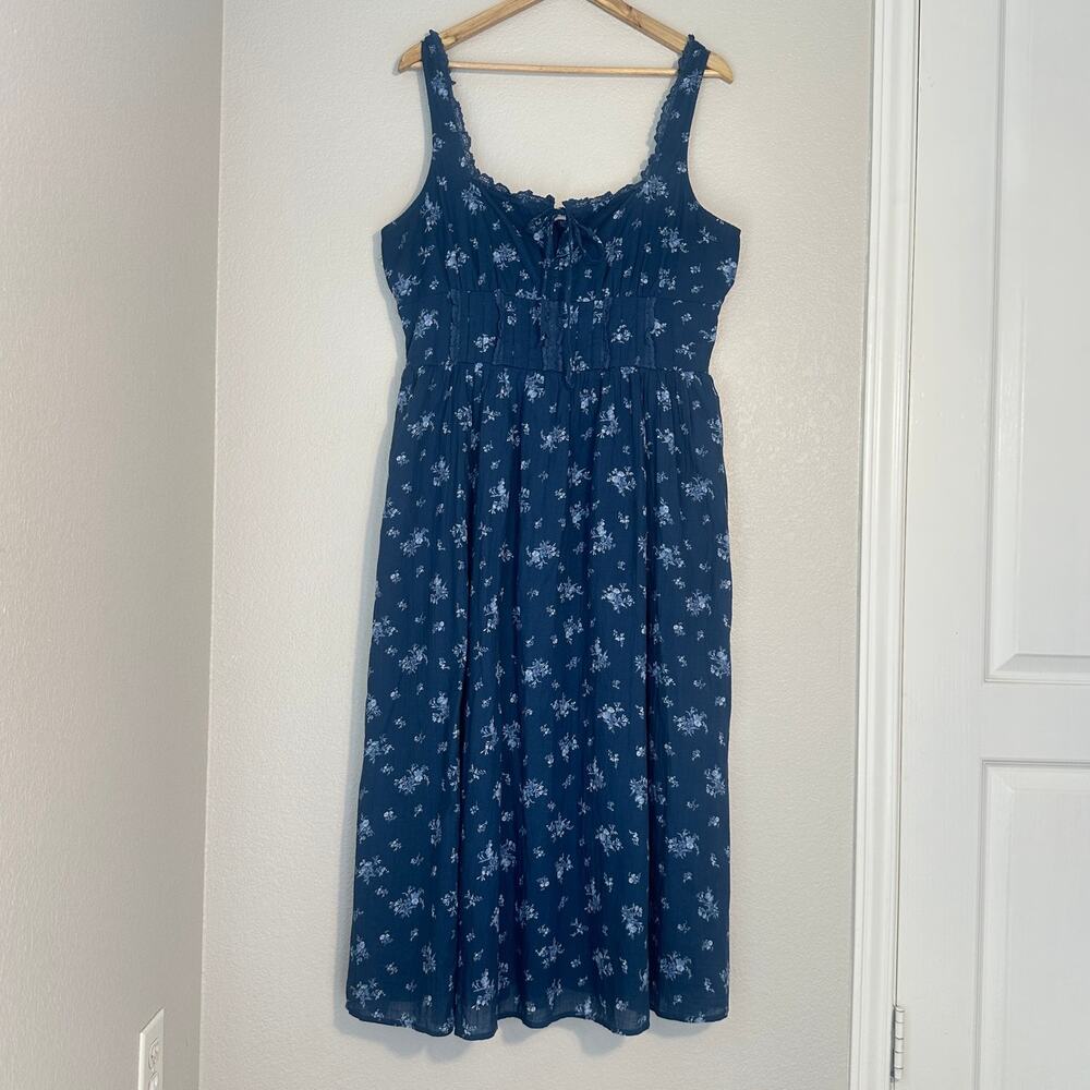AE American Eagle Navy Corset Floral Midi Dress, Smocked Milkmaid Cottage XL - Picture 2 of 14